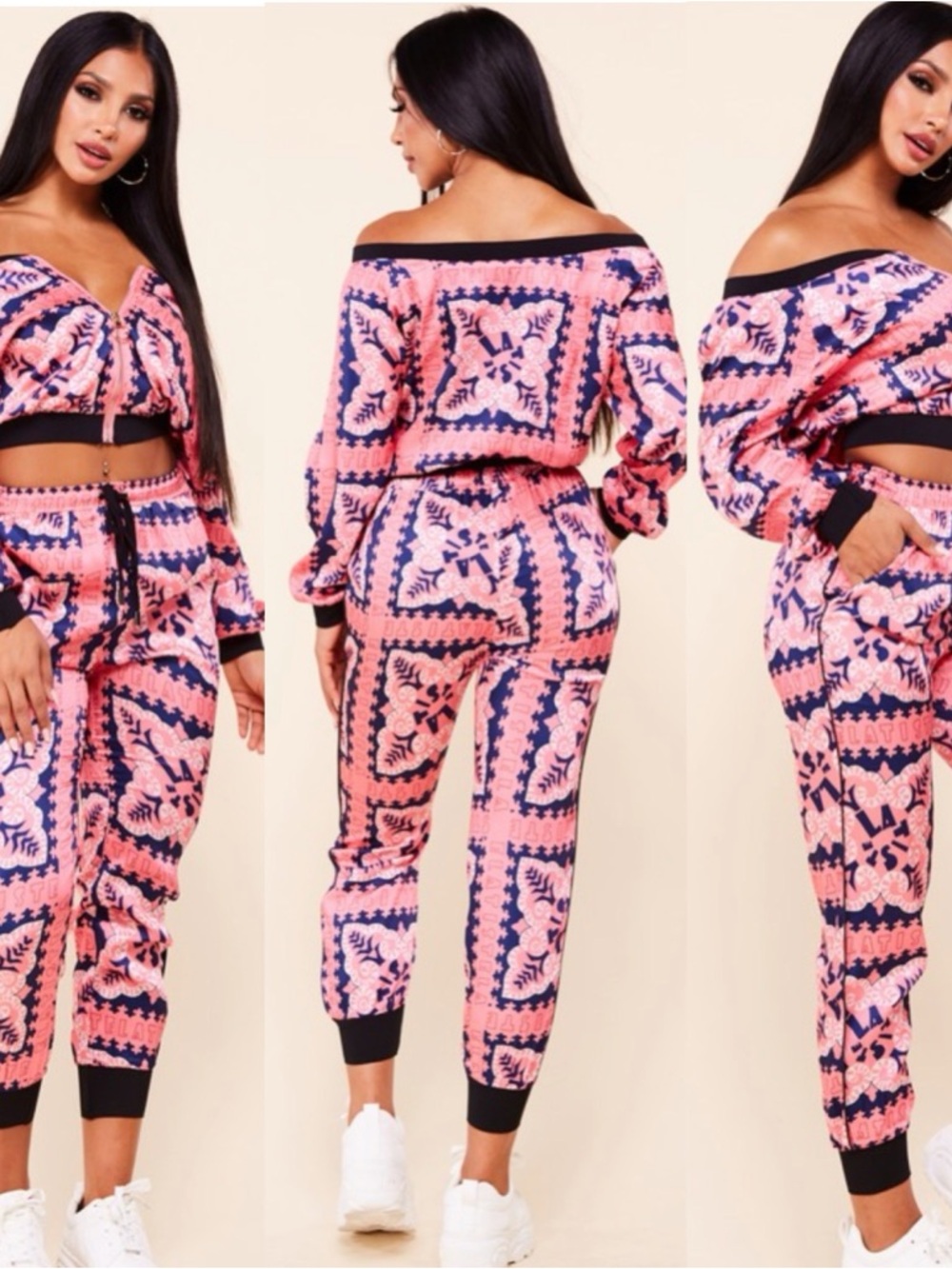 L'ATISTE Pink & Navy Printed Off-Shoulder Jogger Set